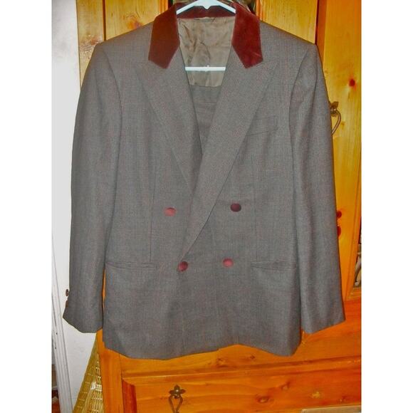 VINTAGE 80s BURBERRY SUIT GLEN PLAID W/ BURGUNDY VELVET TRIM ACADEMIA - Picture 2 of 5